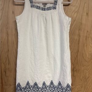 J Jill linen White Sleeveless Dress with Blue Embroidery